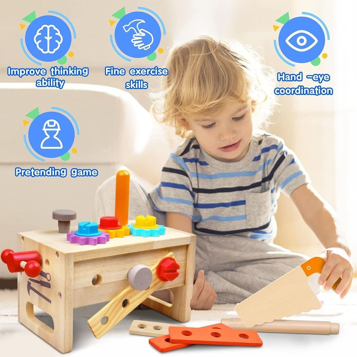 WoodCraft Kinder Werkzeugkasten – Holz Werkzeugkasten für kreatives Spielen und motorische Entwicklung ab 6 Monaten