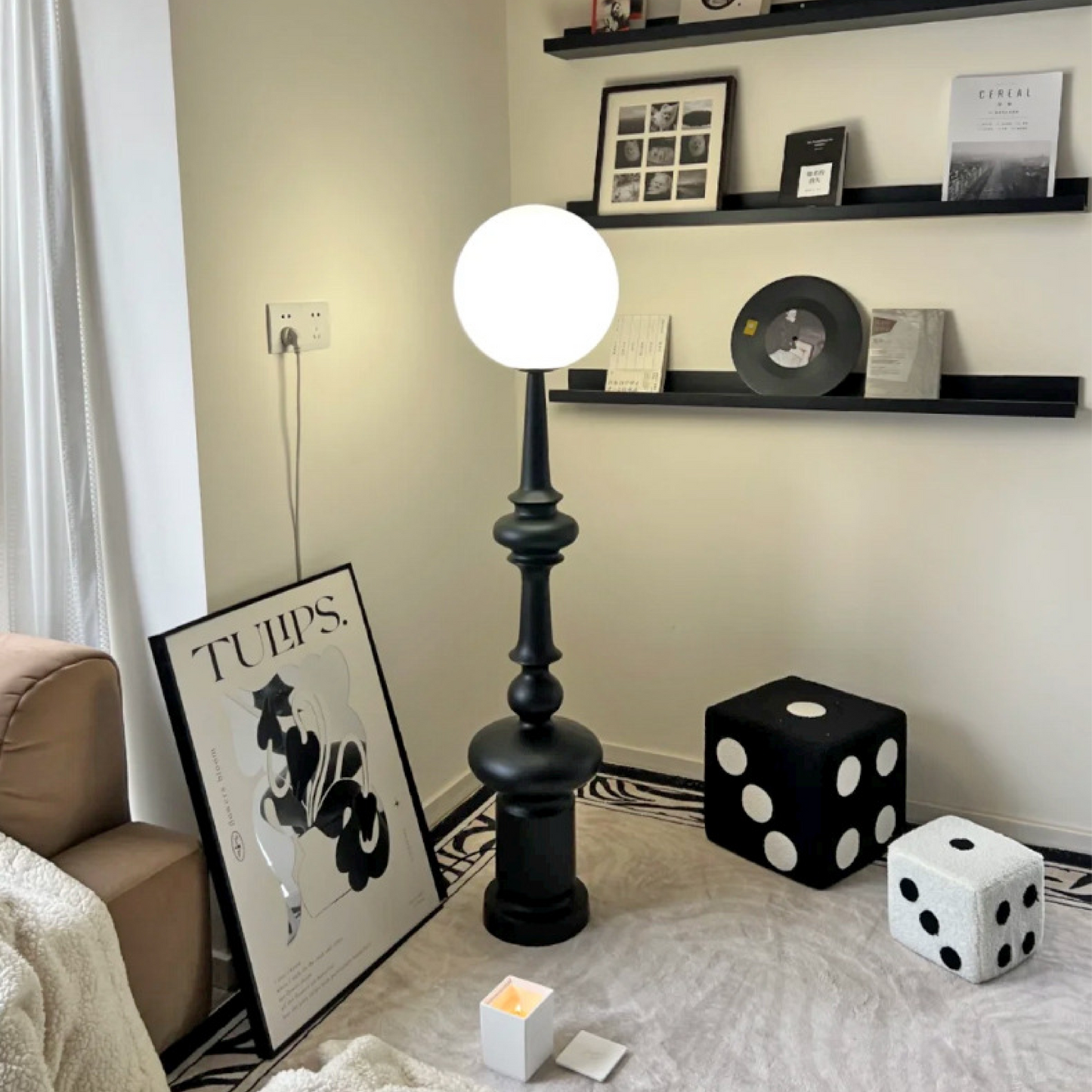 Stylish Modern Floor Lamp with Black Metal Base & Globe Shade