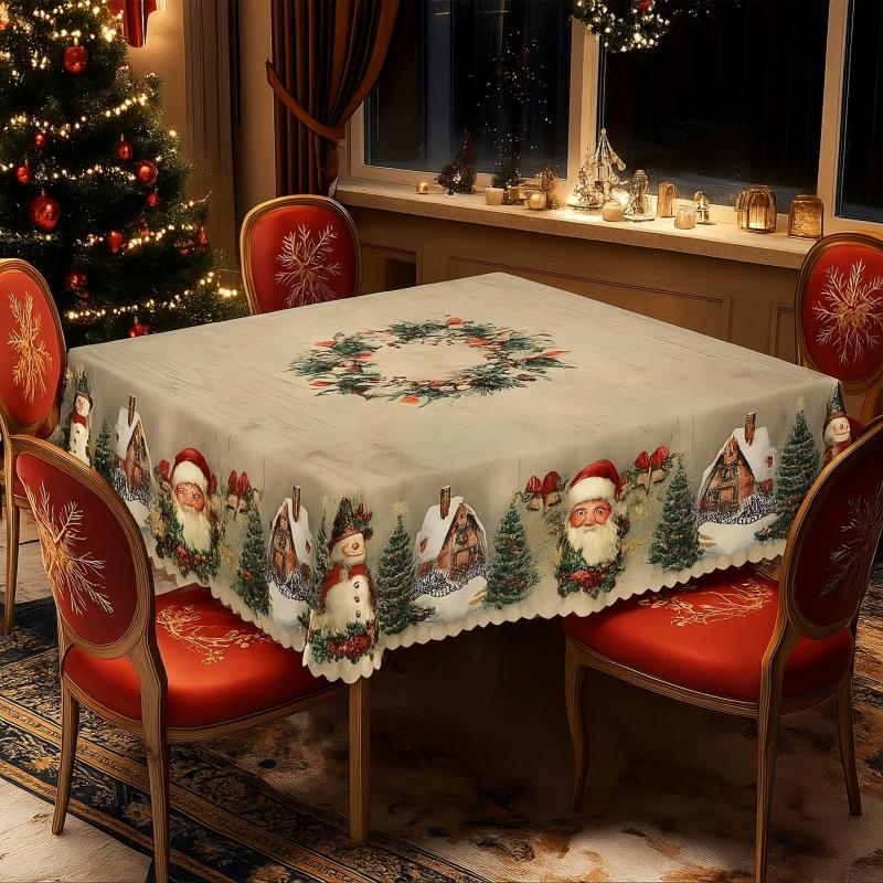 Christmas Tablecloth with Santa and Snowman – Festive Round Table Cover