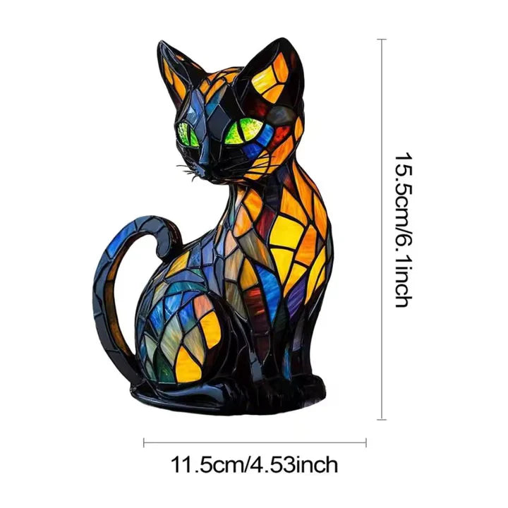 Lampe chat en vitrail fait main | Veilleuse mosaïque colorée