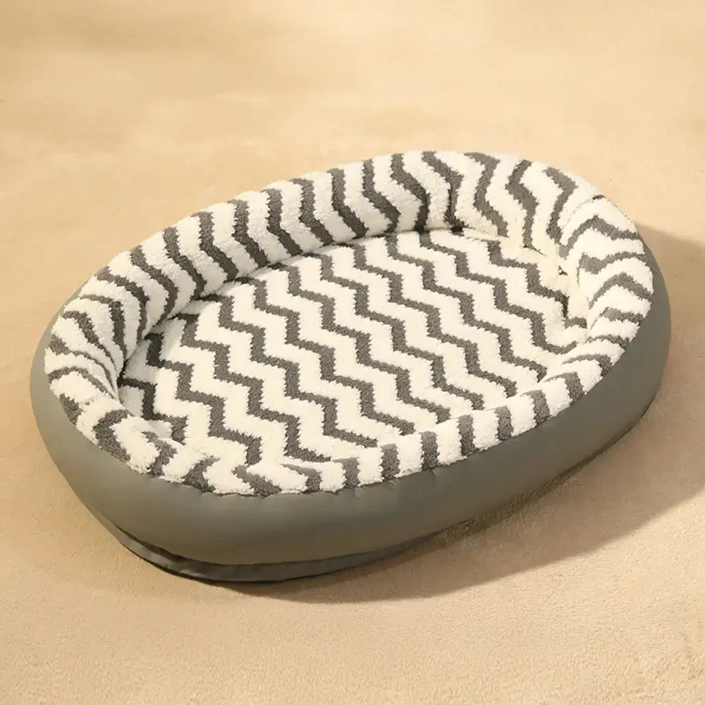 Washable Dog Bed with Geometric Wave Pattern - Warm Faux Leather