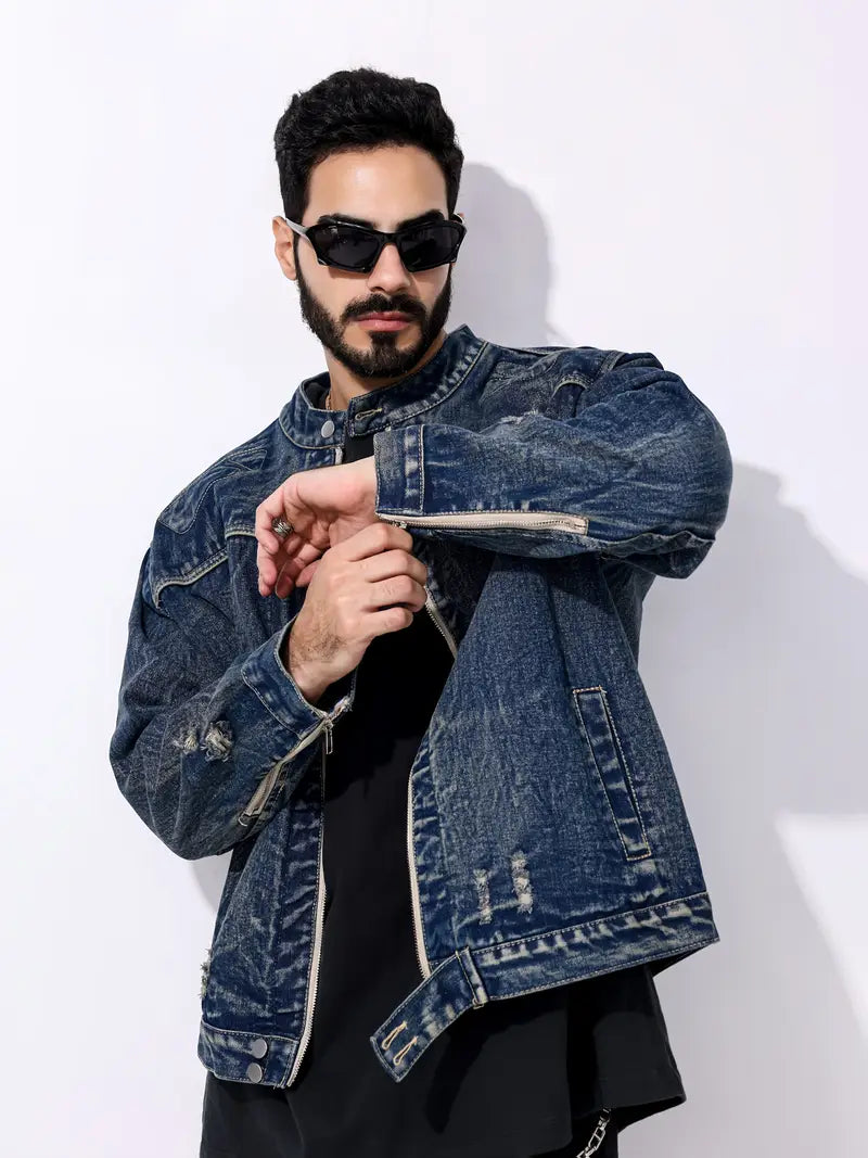 Denimjacke - Herren Dunkelblaue Zip-Up Jeansjacke