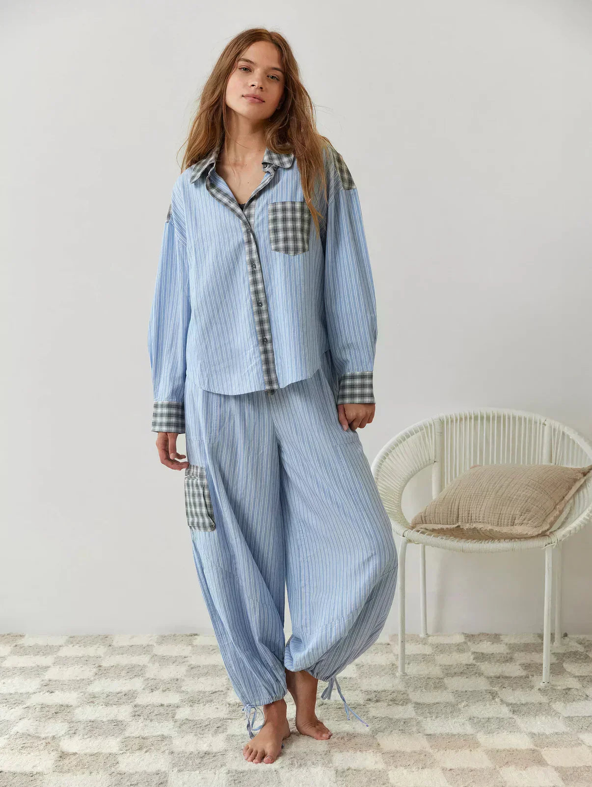 Damen 2-teiliger Pyjama-Set mit langärmligem Knopfhemd und Hose