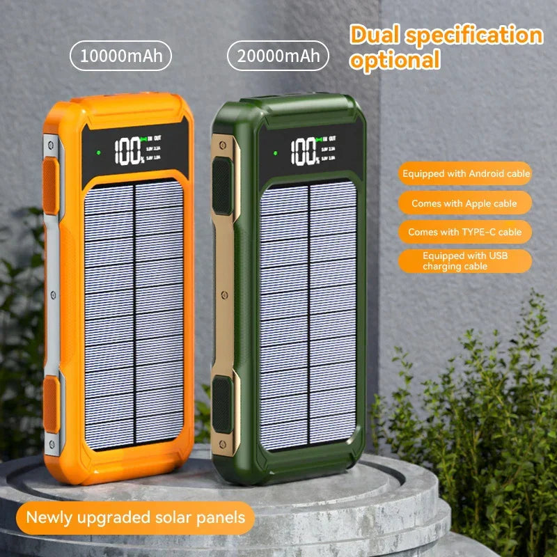 Solar Powerbank Voltora 20K | 20.000mAh | 4-in-1 Kabel | Schnellladung & Notfall-LED | Für iPhone & Samsung