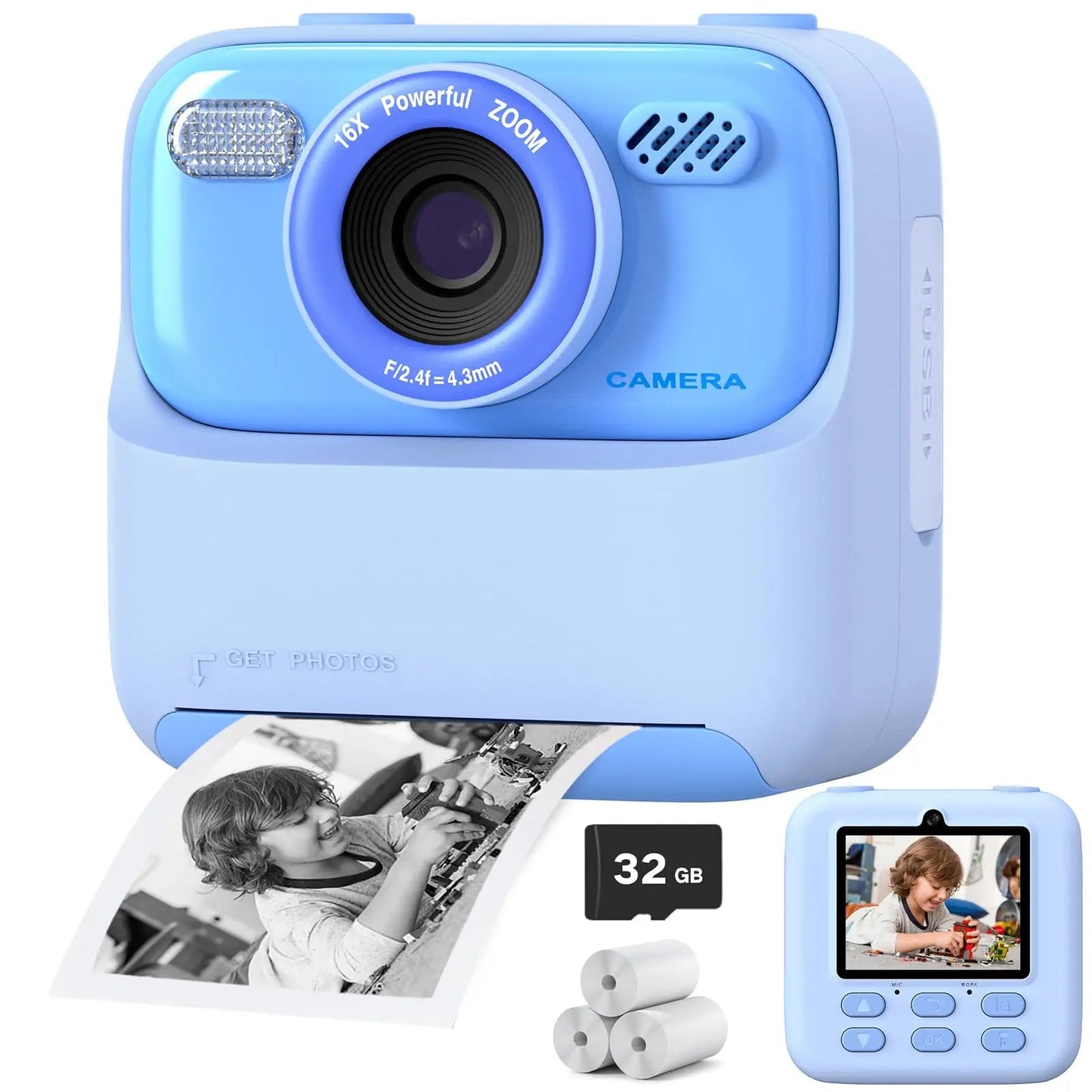 Appareil photo instantané pour enfants avec impression photo HD et carte mémoire de 32 Go