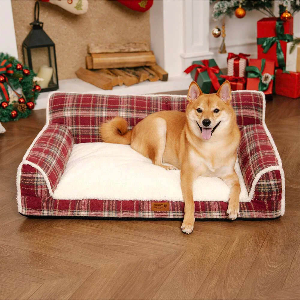 Washable Vintage Plaid Plush Bolster Dog Sofa Bed for Pets