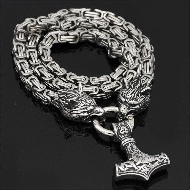 Collier pendentif loup en acier inoxydable avec chaîne Mjolnir pour homme