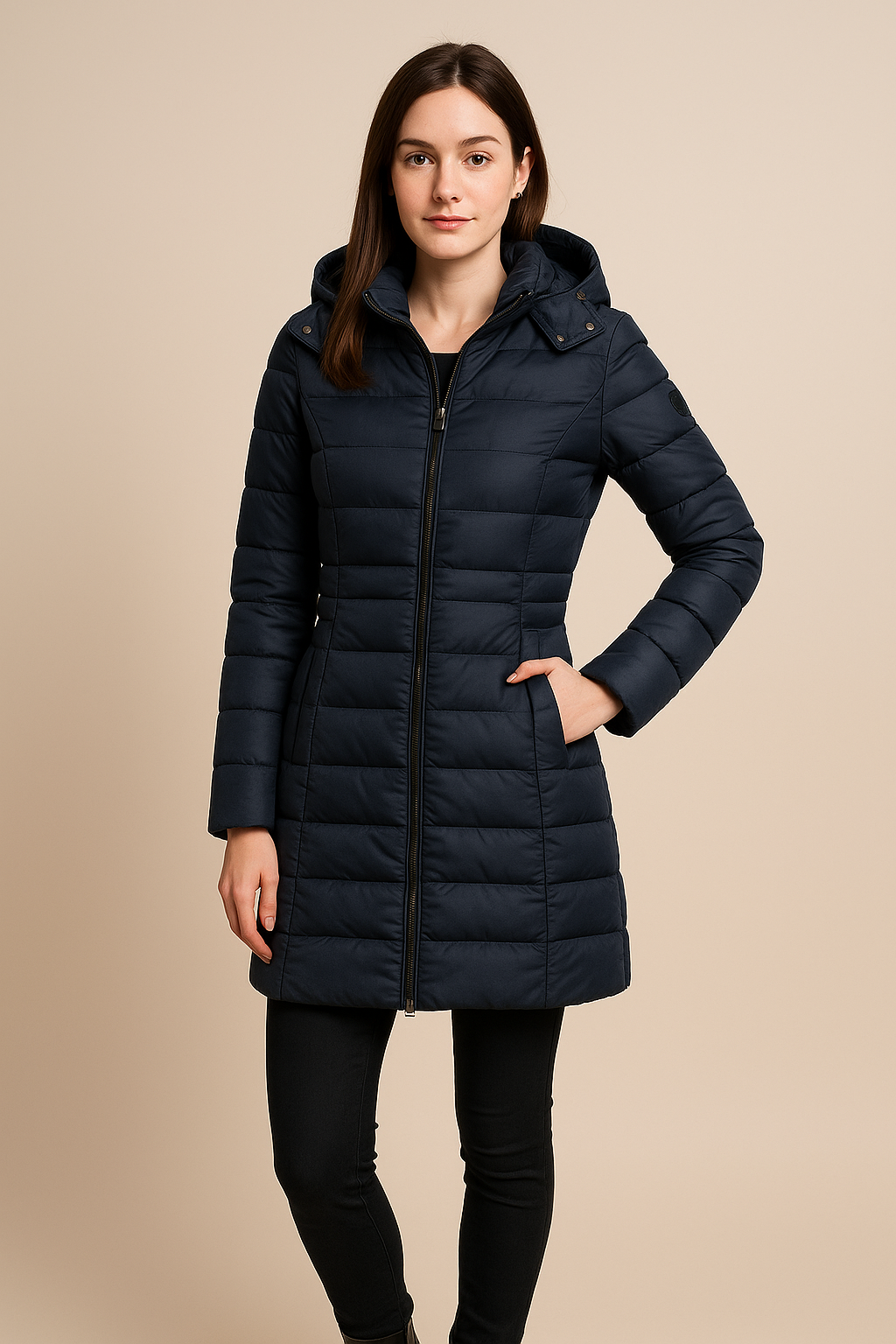 Dames Lange Gevoerde Pufferjas met Afneembare Kap – Slim Fit Winterjas