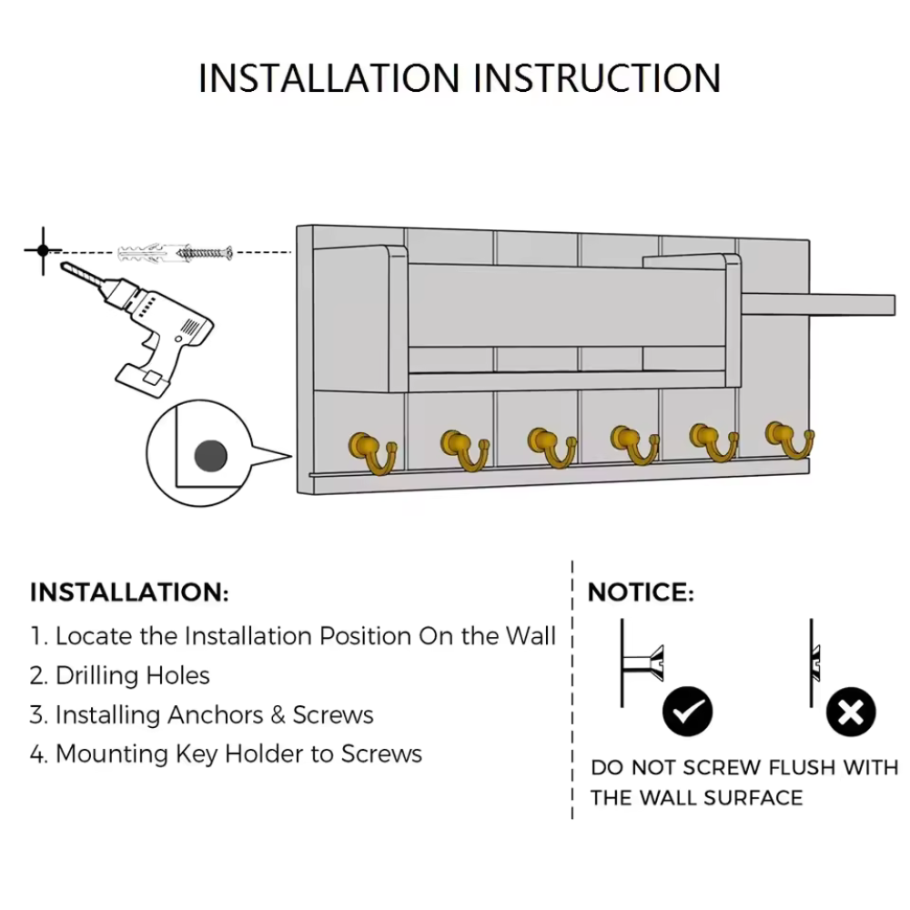 Wooden Key and Mail Organizer with 6 Hooks | Rustic Wall Storage