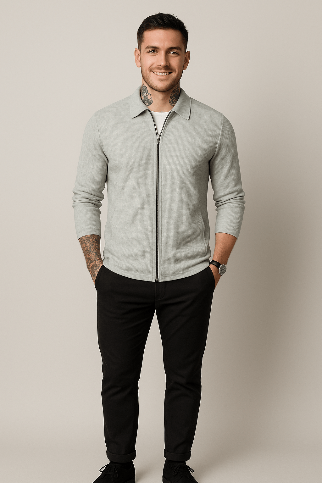 Cardigan zippé pour hommes – Waffelstrick-Schicht mit modernem Schnitt
