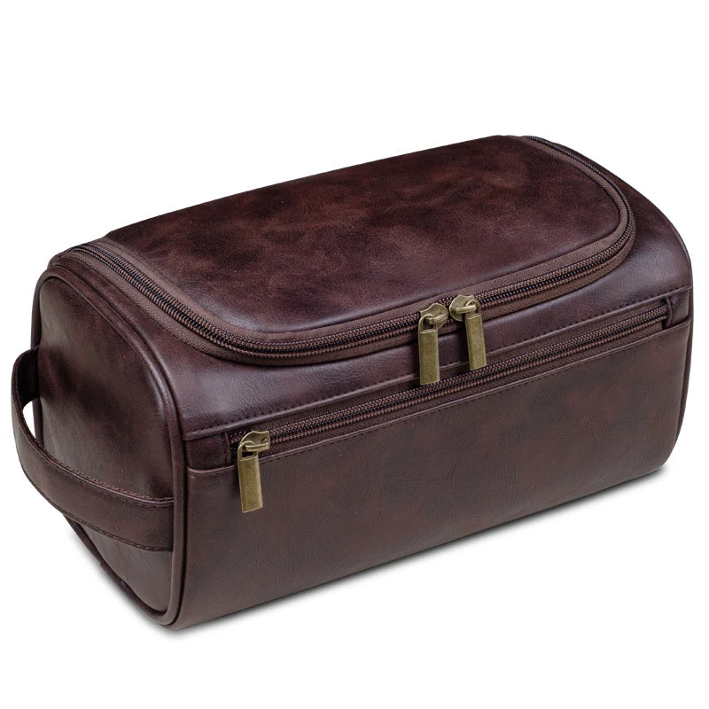 Qualitativ Leder-Kulturbeutel | Dreilagiges Wasserabweisendes Design | Integrierter Metallhaken zum Aufhängen | 25x13x13 cm | Kompakter Travel-Organizer mit Schnellzugriffsfach