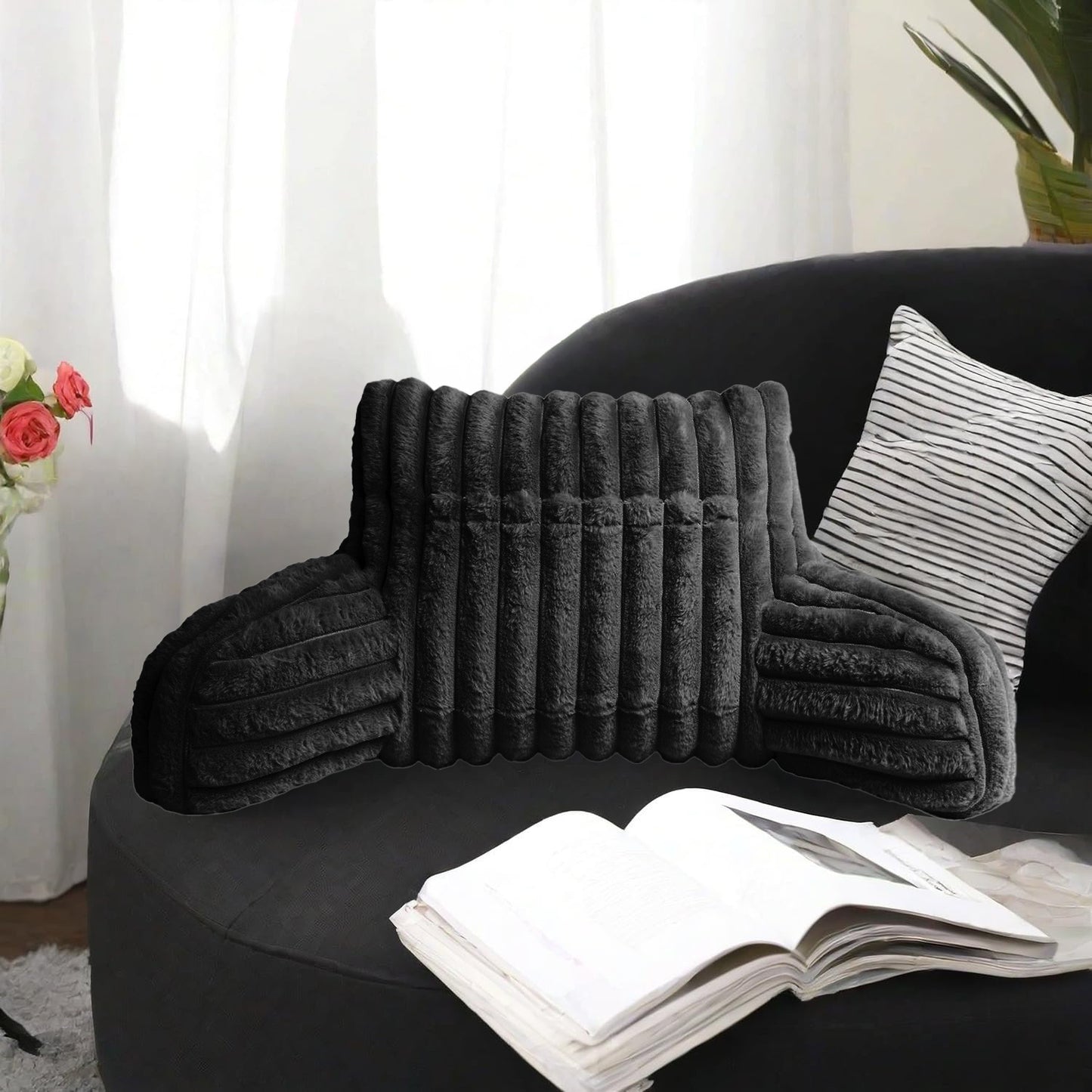 Cuddle Cushion - Faux Fur Ribbed Reading Chair Pillow with Arms for Sofa, Gaming & Relaxing Comfort
