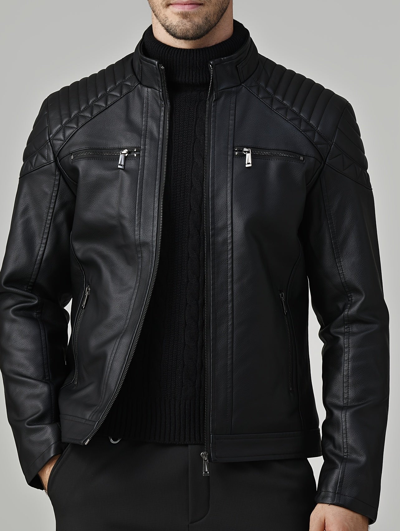 Veste polaire en cuir pour hommes – Stehkragen Biker Design pour l'hiver et l'hiver