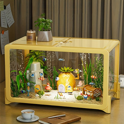 Clear Rectangular Fish Tank with Fake Plants - Acrylic Aquarium for Goldfish & Small Pets, Perfect for Home or Office Decor