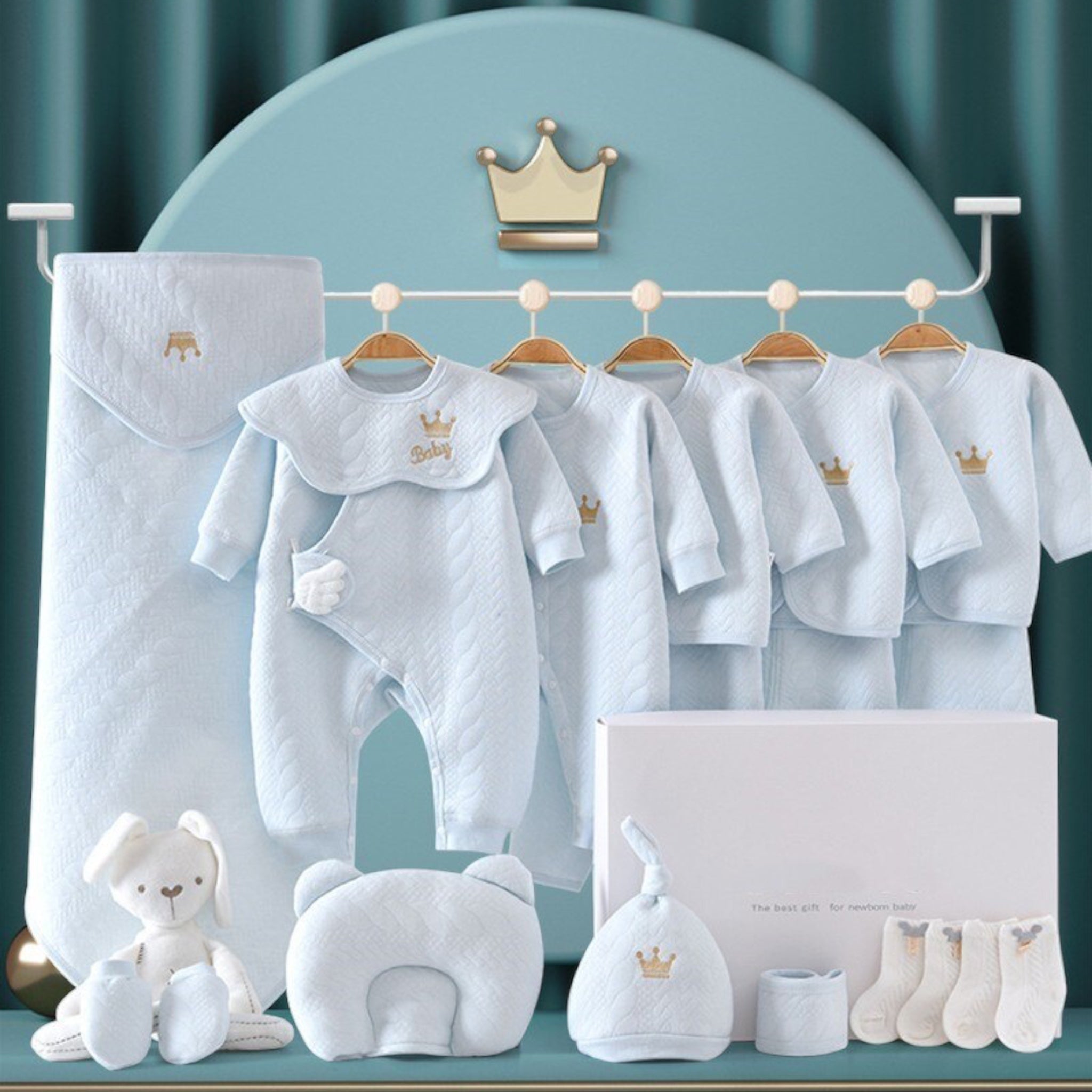 Qualitativ Baby Erstausstattungs-Set | Luxus-Geschenkbox für Neugeborene | 100% Bio-Baumwolle | Inkl. Decke, Kleidung & Accessoires | Hypoallergen