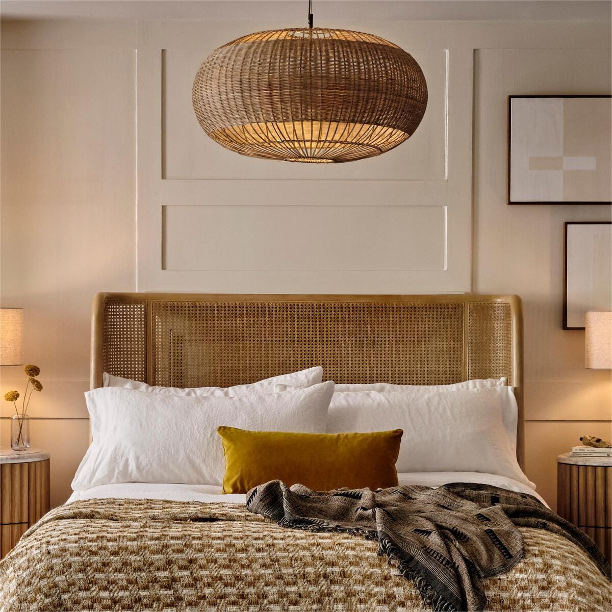 Handgemaakt Rieten Plafondlamp à Vlakke Ronde Mandvorm