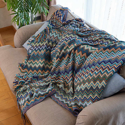 Colorful Zigzag Knit Throw Blanket with Tassels - Cozy Home Decor