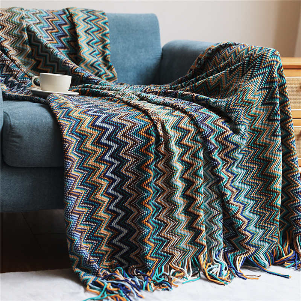 Colorful Zigzag Knit Throw Blanket with Tassels - Cozy Home Decor
