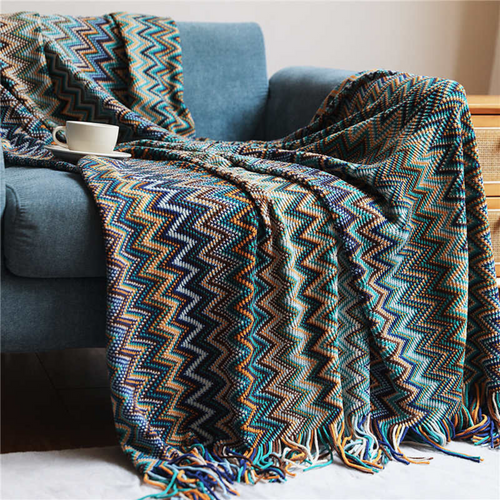 Colorful Zigzag Knit Throw Blanket with Tassels - Cozy Home Decor