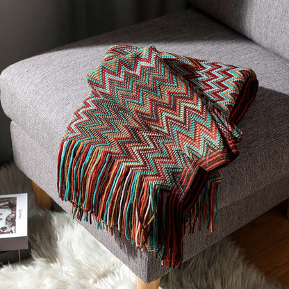 Colorful Zigzag Knit Throw Blanket with Tassels - Cozy Home Decor