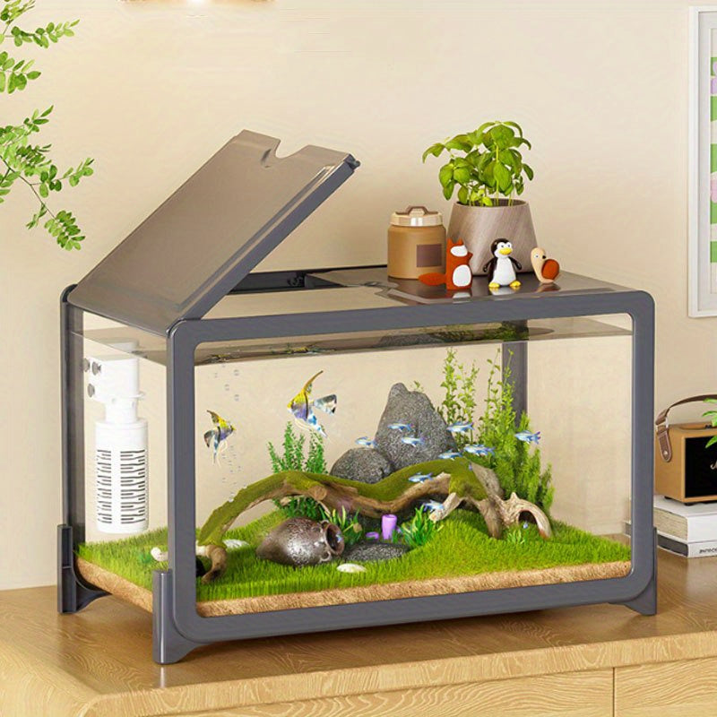 Clear Rectangular Fish Tank with Fake Plants - Acrylic Aquarium for Goldfish & Small Pets, Perfect for Home or Office Decor