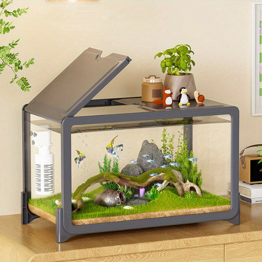 Clear Rectangular Fish Tank with Fake Plants - Acrylic Aquarium for Goldfish & Small Pets, Perfect for Home or Office Decor
