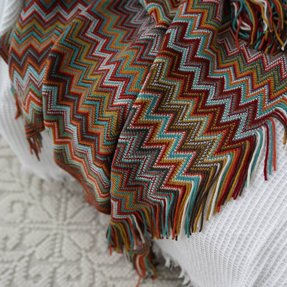 Colorful Zigzag Knit Throw Blanket with Tassels - Cozy Home Decor