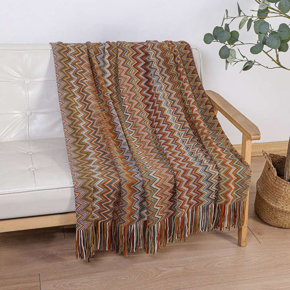 Colorful Zigzag Knit Throw Blanket with Tassels - Cozy Home Decor