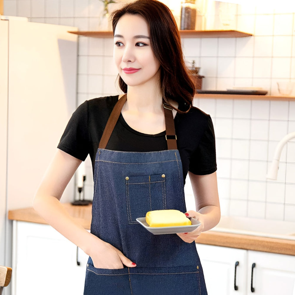 Adjustable Denim Work Apron for Cooking, Crafting, and Gardening
