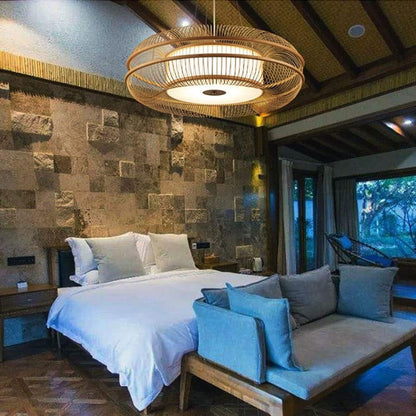 Plafonnier LED en bambou en forme de tambour - Suspension moderne