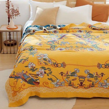 Couverture en coton éthéré à motif floral et oiseaux