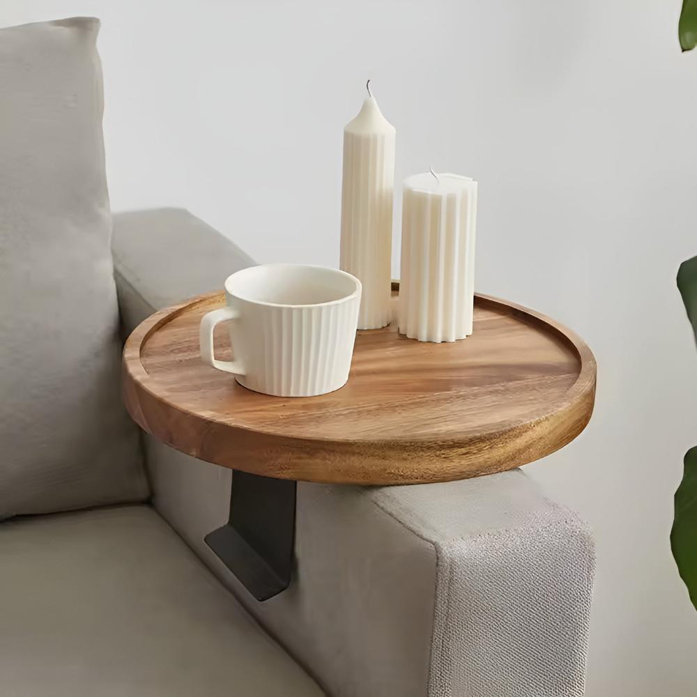 Walnut Sofa Armrest Tray Table for Drinks and Snacks