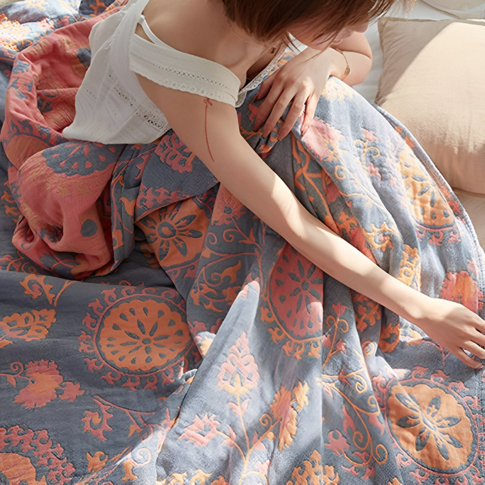 Couverture réversible en coton à motifs floraux - Jeté rustique et confortable pour la décoration intérieure