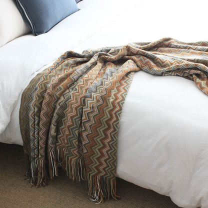 Colorful Zigzag Knit Throw Blanket with Tassels - Cozy Home Decor