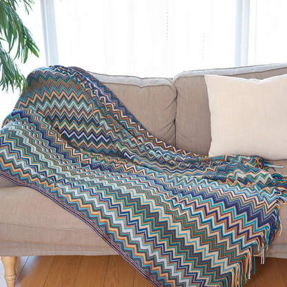 Colorful Zigzag Knit Throw Blanket with Tassels - Cozy Home Decor