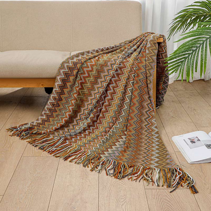 Colorful Zigzag Knit Throw Blanket with Tassels - Cozy Home Decor