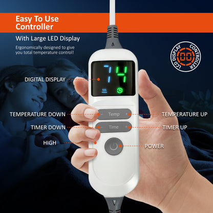 Couverture chauffante électrique avec télécommande numérique, minuterie, 9 niveaux de chaleur, arrêt automatique, 120 W