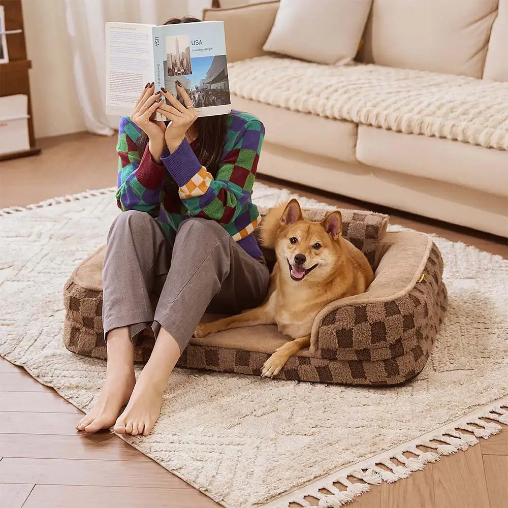 Coussin orthopédique lavable pour chien - Motif à carreaux moelleux et chaud