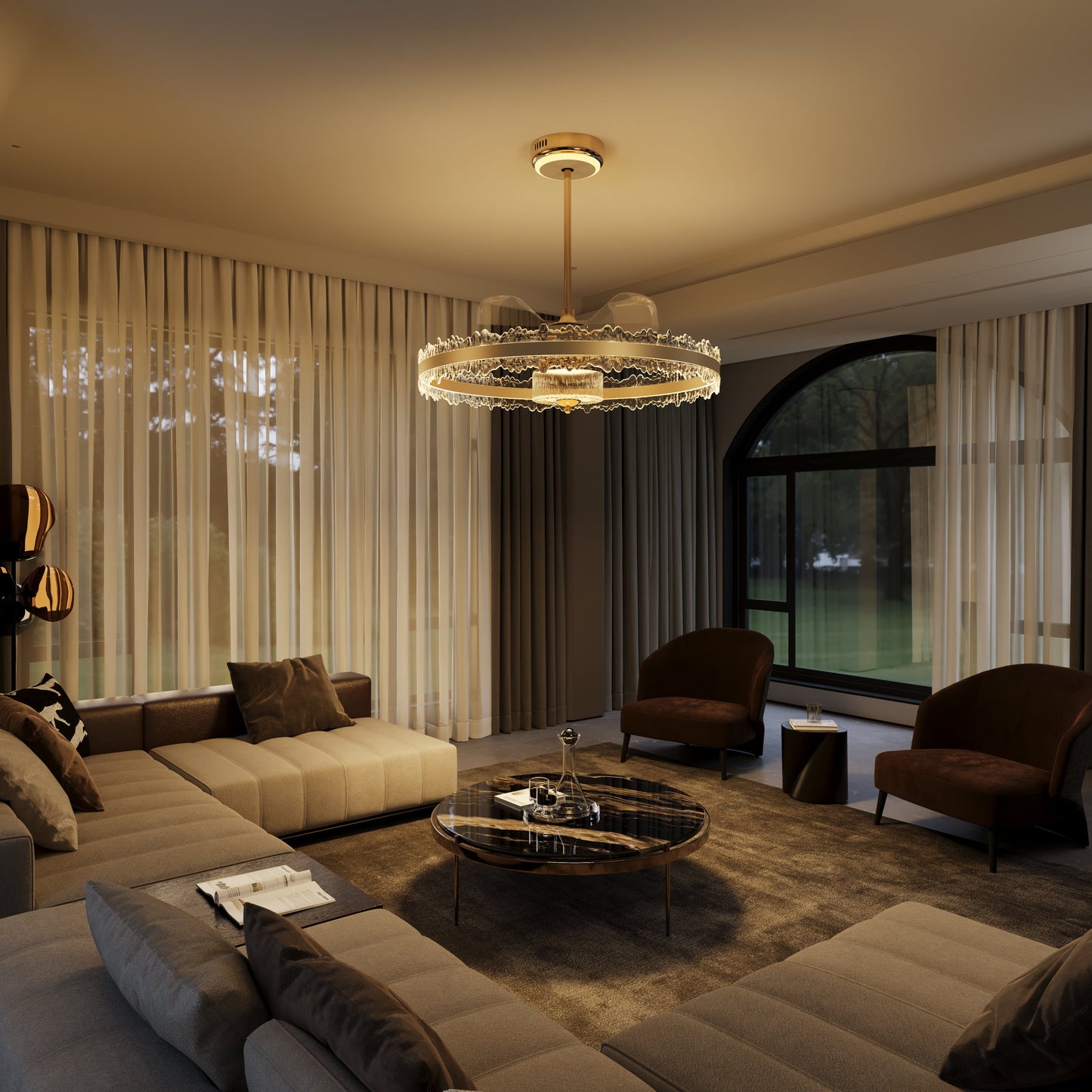 Plafonnier de luxe avec cadre doré, pales rétractables et ventilateur LED