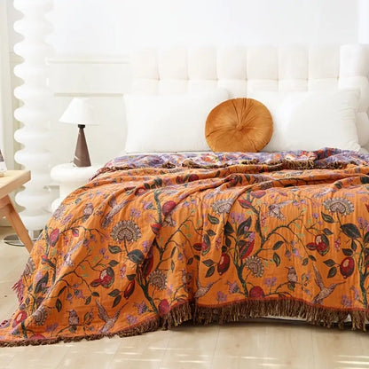 Plaid fleuri en coton à pompons - Décoration bohème