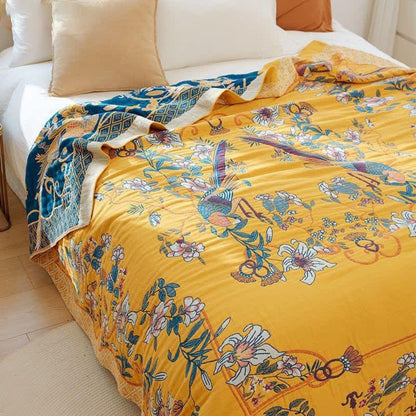 Couverture en coton éthéré à motif floral et oiseaux