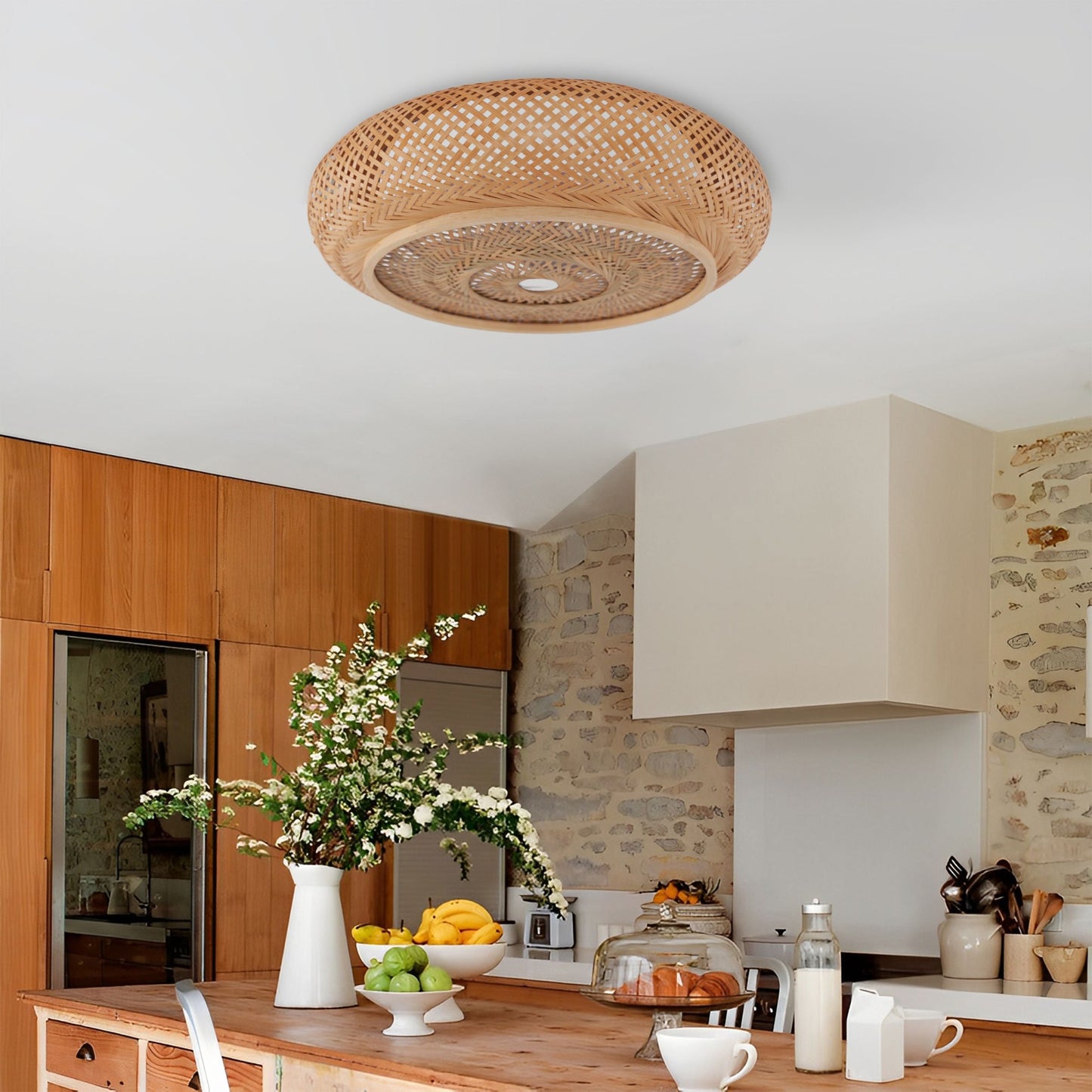 Plafonnier en rotin de bambou de style japonais – Montage encastré ou suspendu