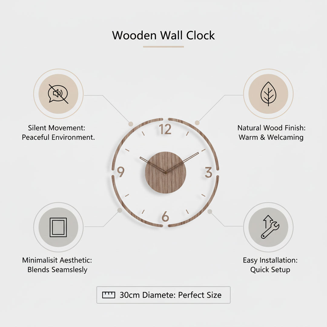 Holz Wanduhr - Minimalistisches Design - Lautloses Uhrwerk