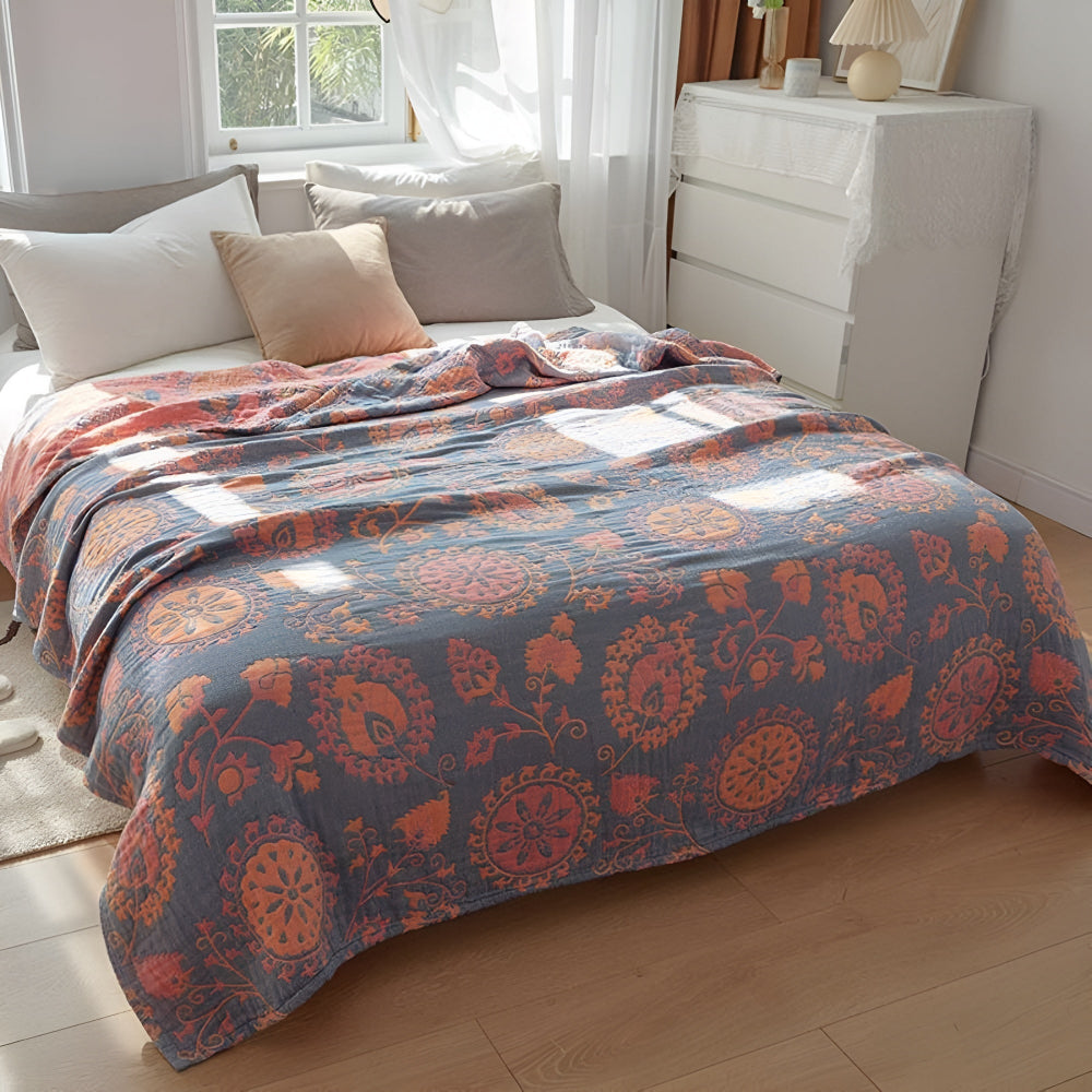 Couverture réversible en coton à motifs floraux - Jeté rustique et confortable pour la décoration intérieure