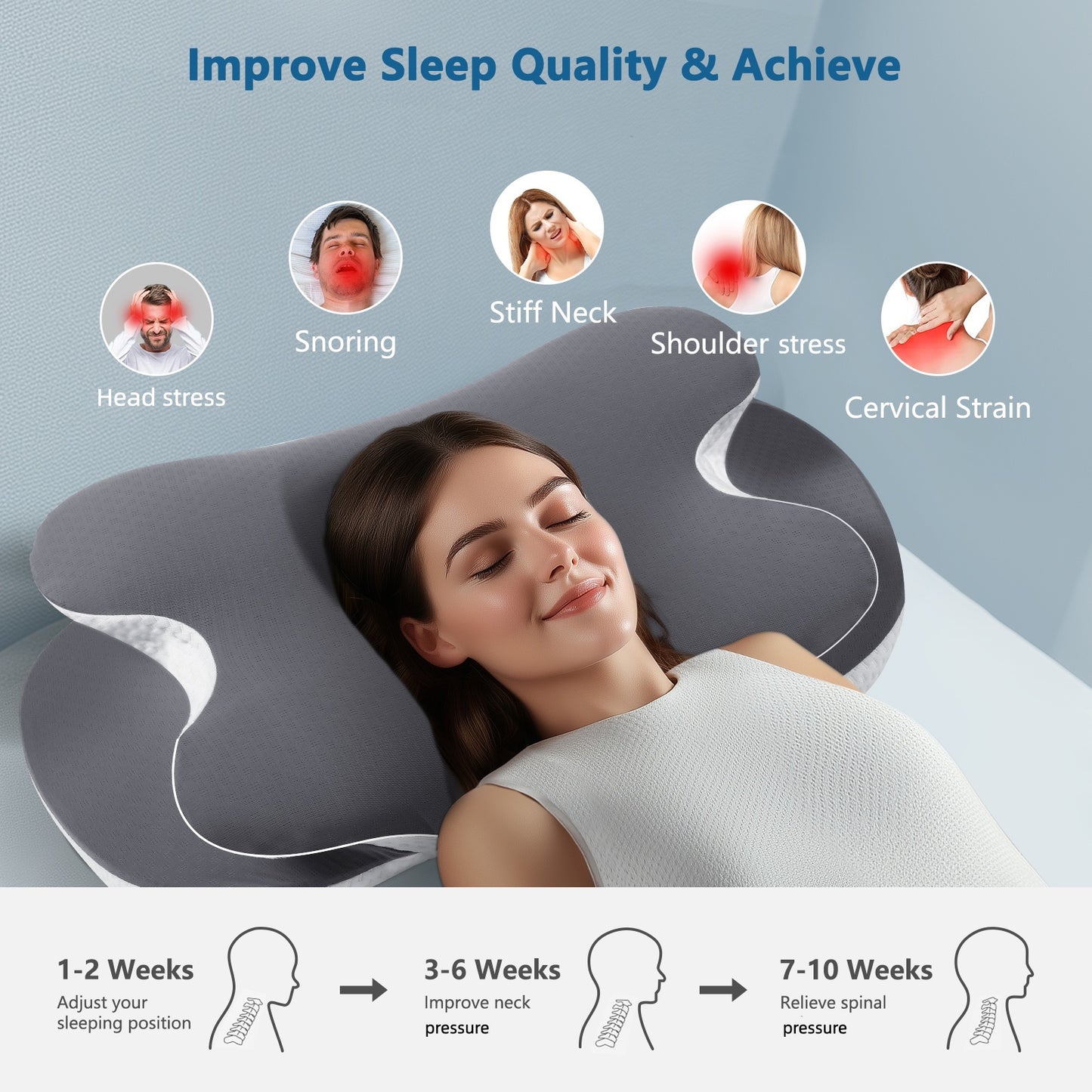 Oreiller cervical en mousse à mémoire de forme pour un soutien optimal de la nuque et des épaules, housse rafraîchissante en soie - Gris