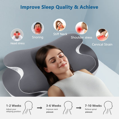 Oreiller cervical en mousse à mémoire de forme pour un soutien optimal de la nuque et des épaules, housse rafraîchissante en soie - Gris