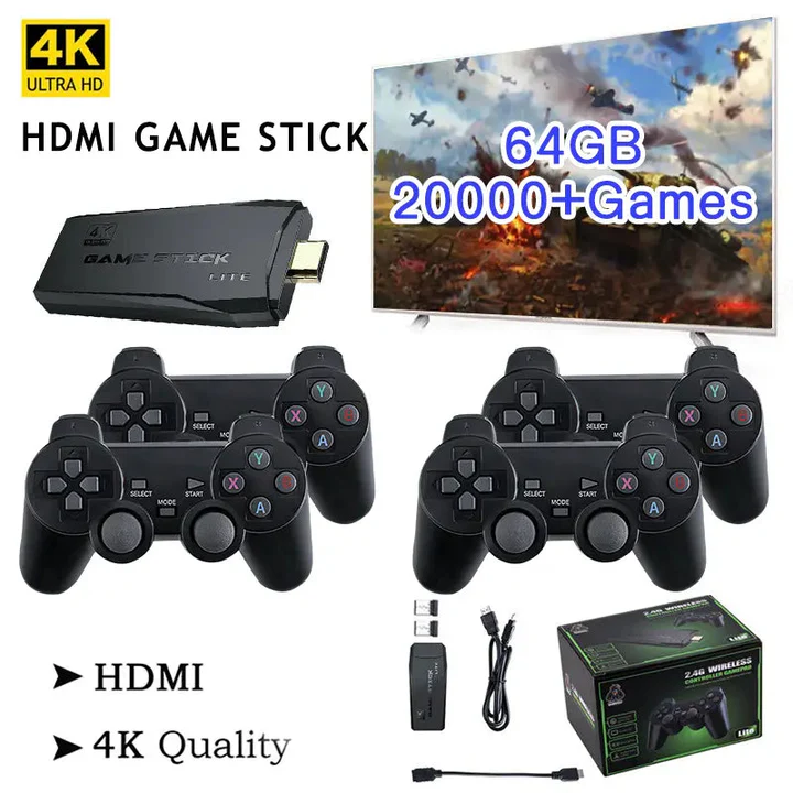 HDMI 4K TV Game Stick Konsole | 64GB mit über 20.000 Retro-Spielen & 2 kabellosen Gamepads