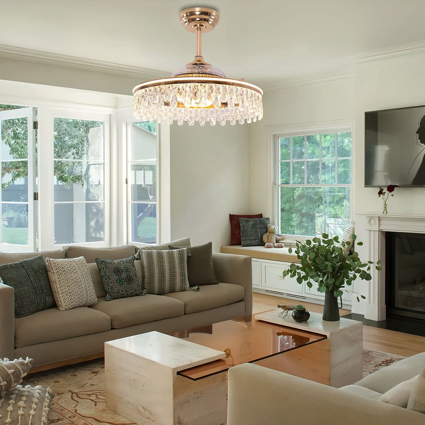 60cm Modern Gold Crystal Ceiling Fan with Light - Stylish Ceiling Light