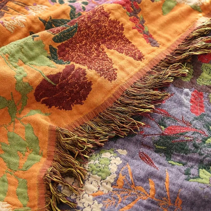 Plaid fleuri en coton à pompons - Décoration bohème