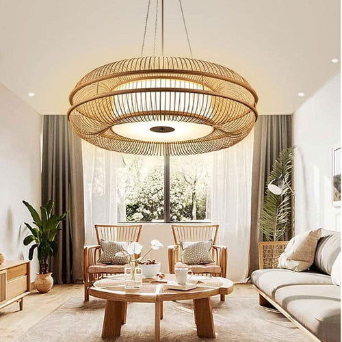 Plafonnier LED en bambou en forme de tambour - Suspension moderne